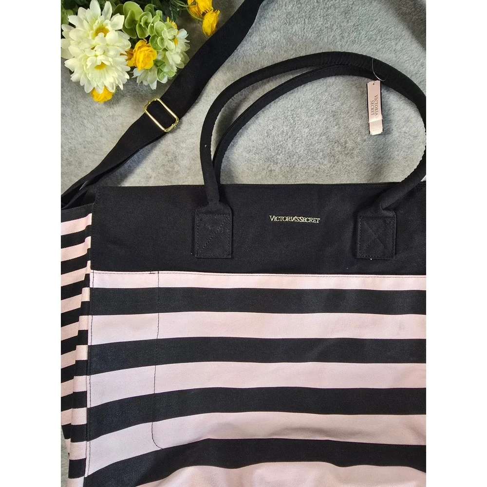 Victoria Secret Tote Bag Womens Pink Black Striped Weekender Large NWOT
